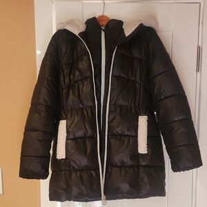 Women's Black Puffer Jacket with White Accents